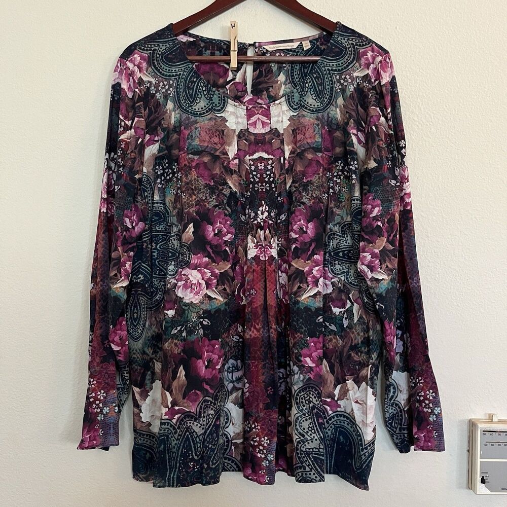 Soft Surroundings Floral Pleated Round Neck Long Sleeve Blouse Tunic Top SZ XL